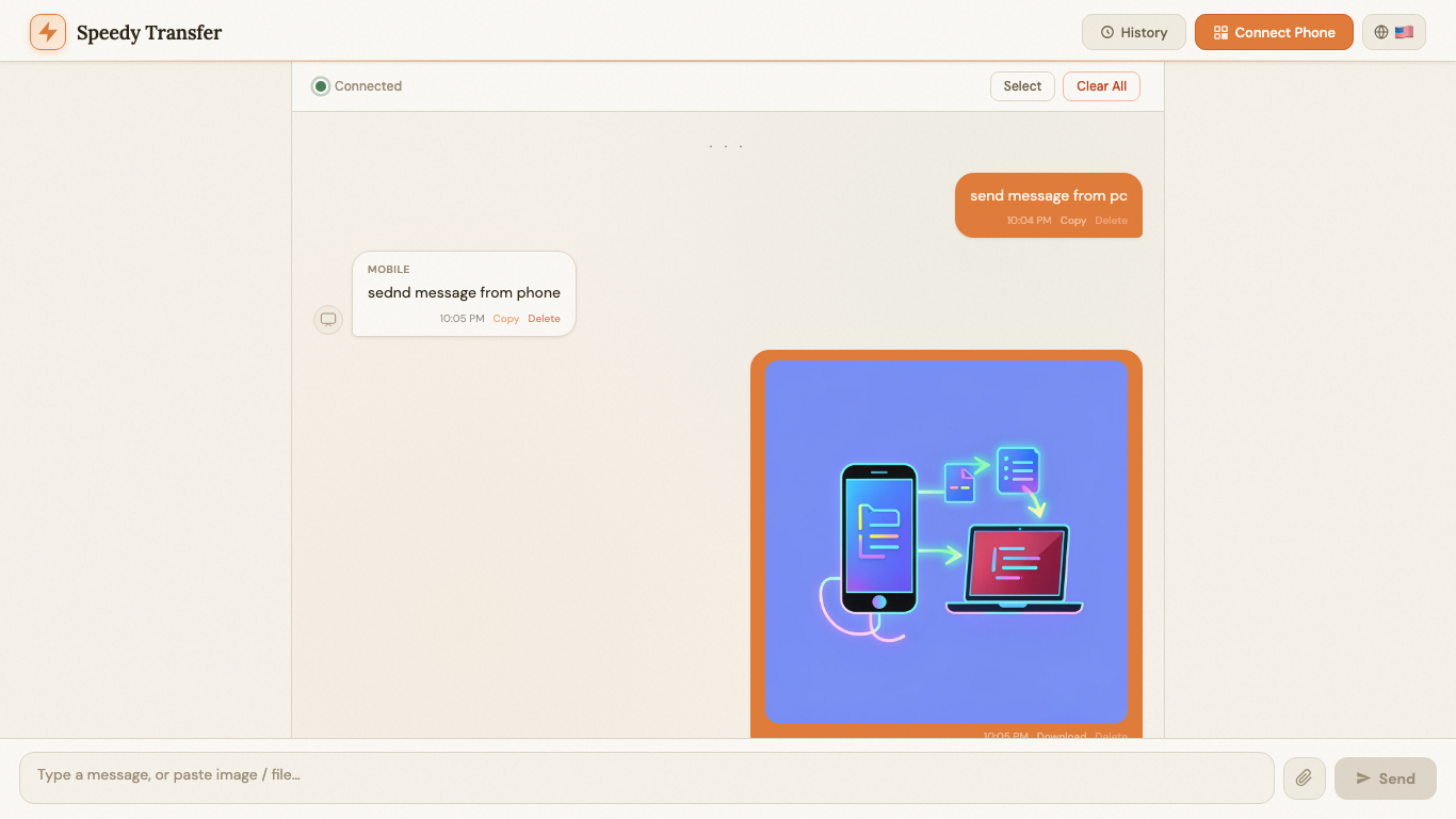 Speedy Transfer chat interface for sending files and messages between PC and phone